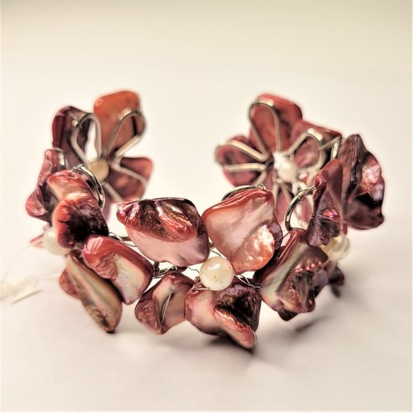 Wine Red Shell White Pearls Adjustable Cuff Bracelet Bangle - NEW - Picture 7 of 16